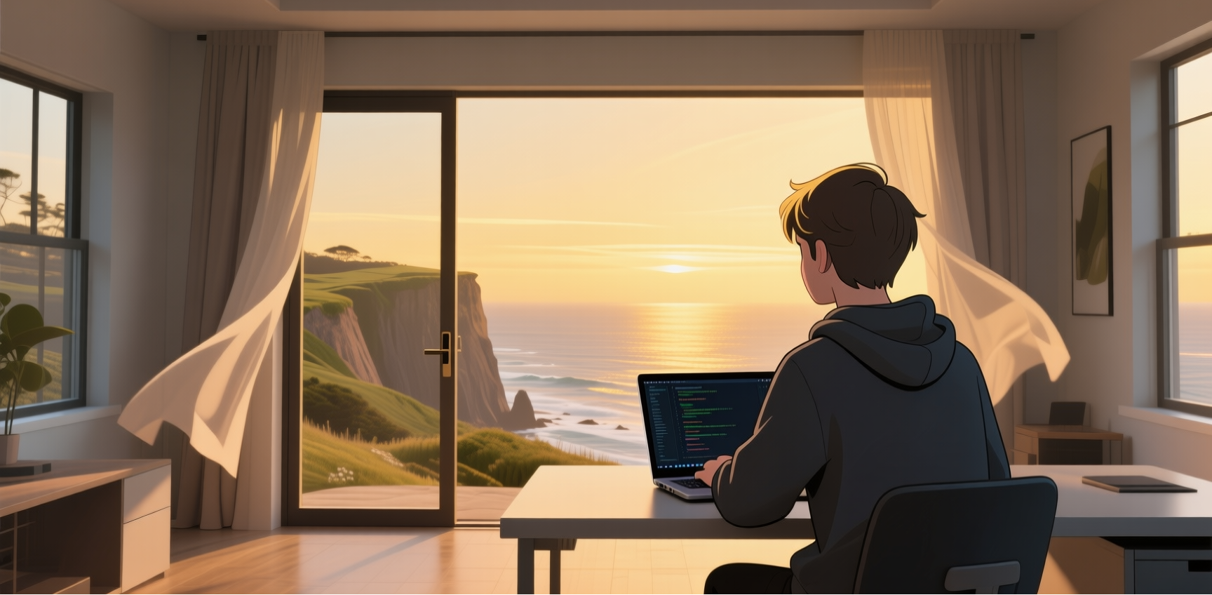 Person working on a laptop in a modern room with a large window view of a coastal landscape.